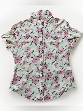 Women’s M White Pink Floral Collar Short Sleeve Shirt Button Viscose Lightweight
